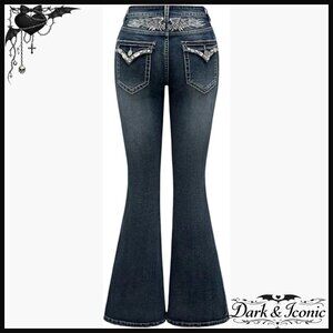 Goth Punk Rhinestone Embroidered Flare Jeans Bootcut Denim Pants